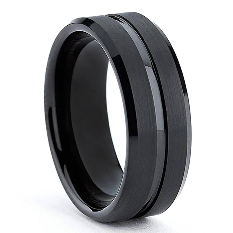8mm Black Tungsten Carbide Ring Wedding Band for Men Women Grooved Center Comfort Fit Mens Rings