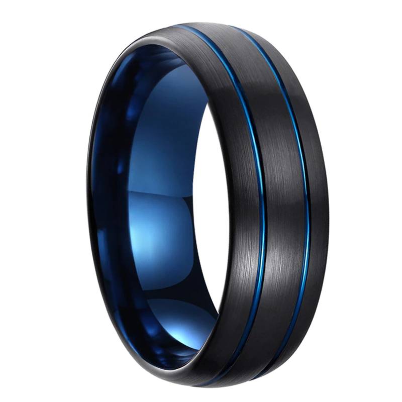 8mm Black Tungsten Ring for Men Double Blue Thin Groove Line Dome ...