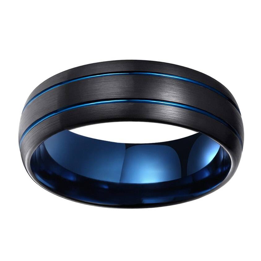 8mm Black Tungsten Ring for Men Double Blue Thin Groove Line Dome Brushed Comfort Fit Mens Rings