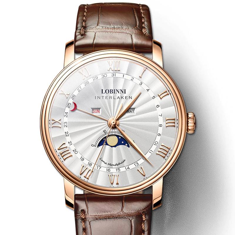 Moon Phase Watch for Men LOBINNI Luxury Business Dress Quartz Wristwatch Lobinni