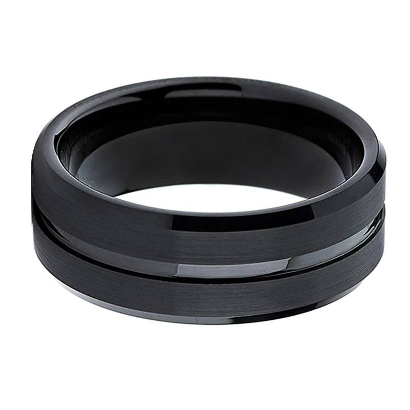 8mm Black Tungsten Carbide Ring Wedding Band for Men Women Grooved Center Comfort Fit Mens Rings