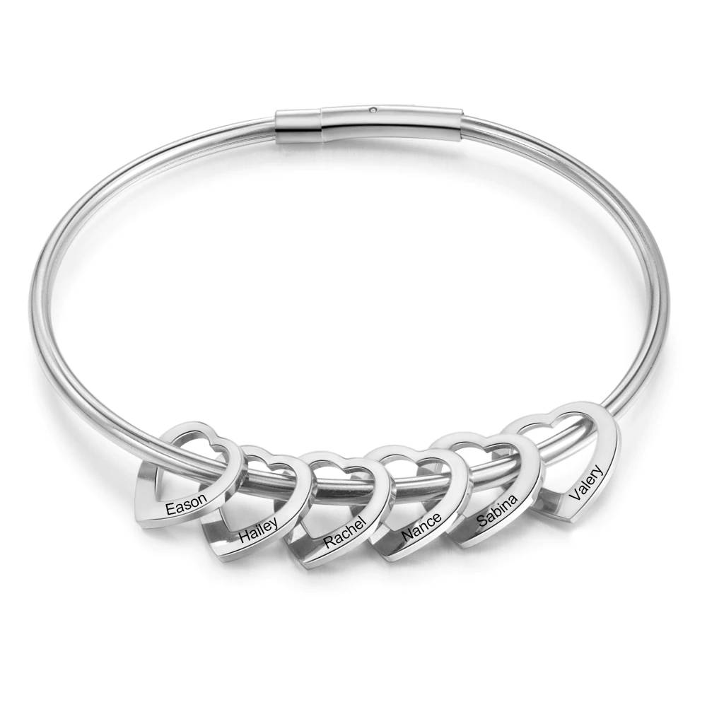 Personalized Women's Cuff Bracelet with 2-6 Names Heart Charms Bracelets & Bangles