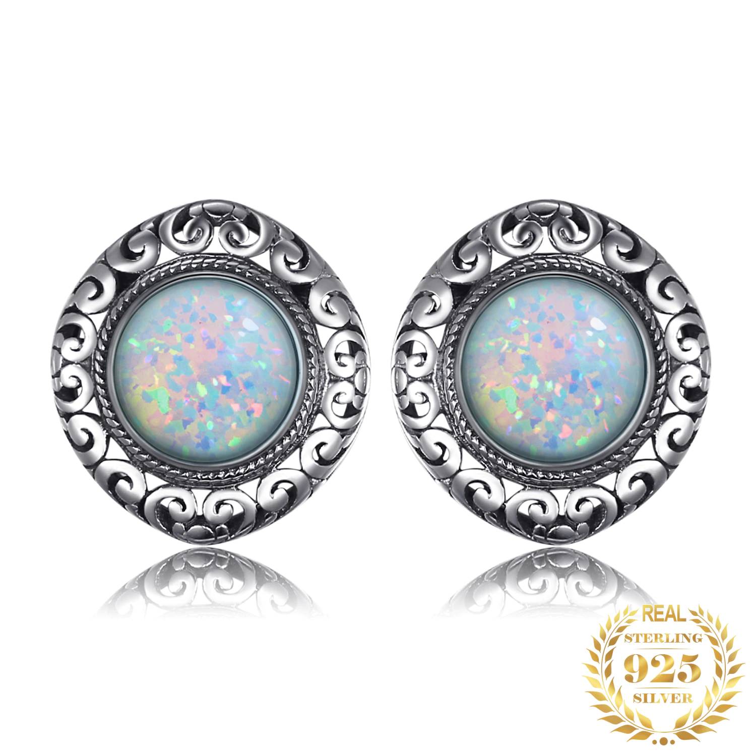 Vintage 2.5ct Round Cabochon Created Opal Stud Earrings Women's Earrings