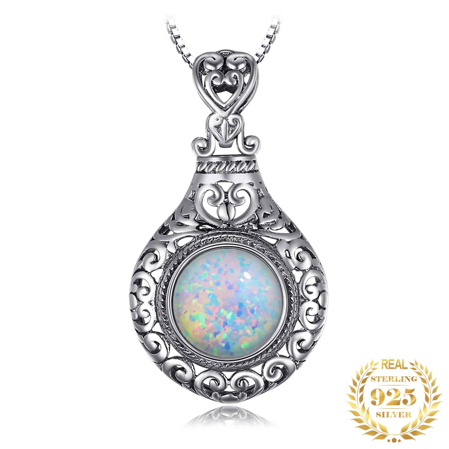Vintage 2.5ct Round Cabochon Created Opal Carving Heart Pendant Necklaces & Pendants
