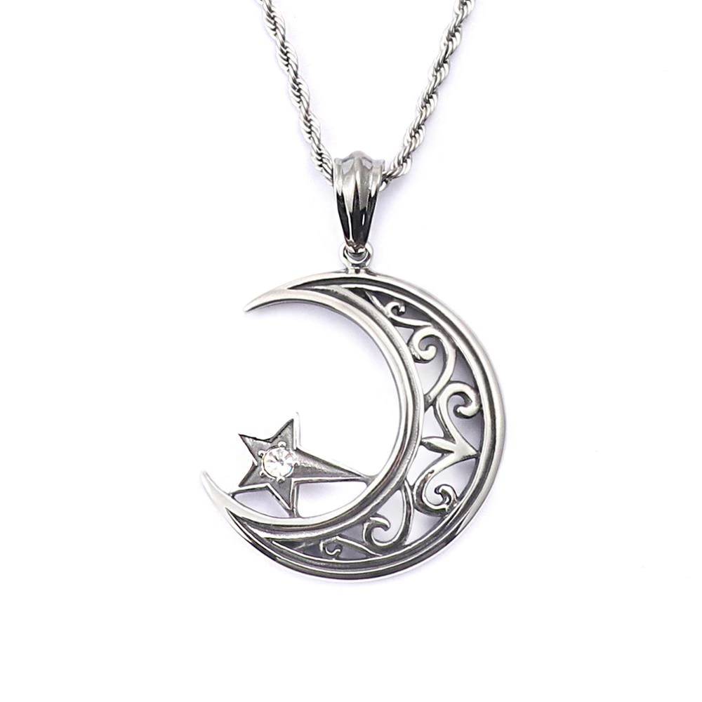Stainless Steel Crescent Moon Star Phase Pendant Necklace Mens Pendants