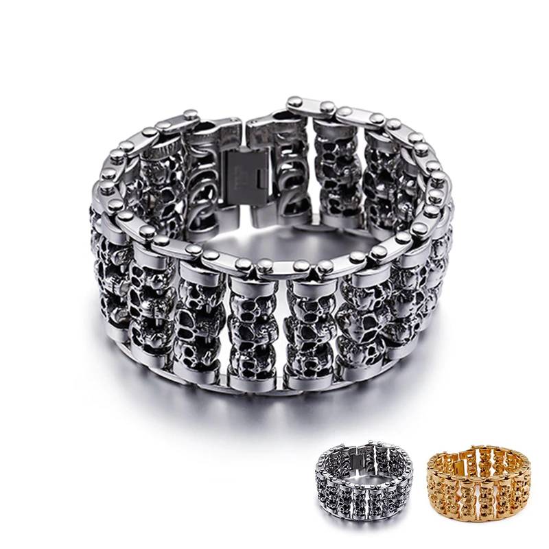 Punk Mens Stainless Steel Multiple Skull Bracelet Men's Bracelets