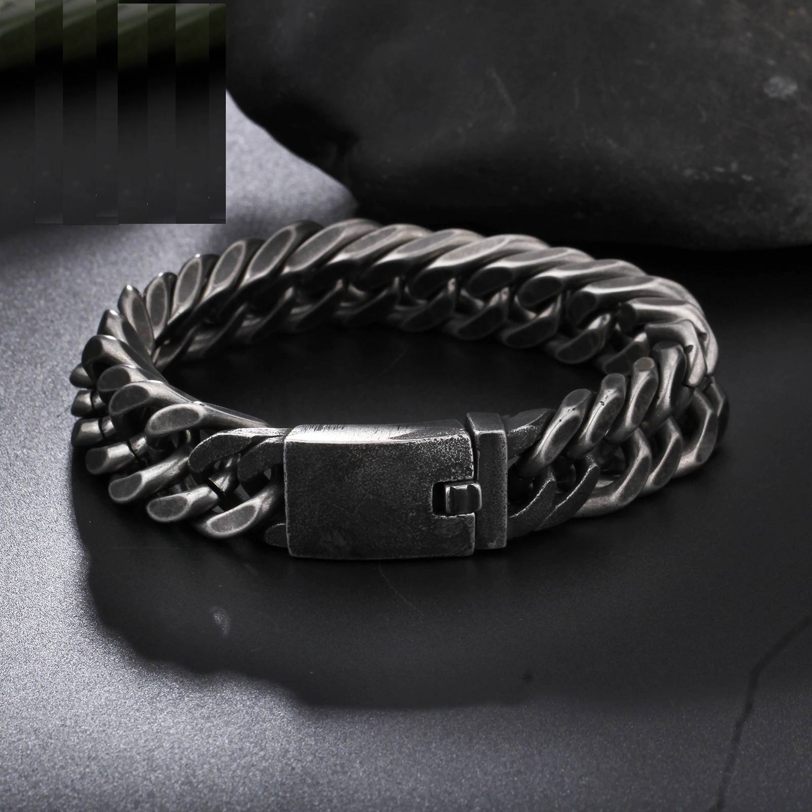 Retro Black Bracelet Cuban Stainless Steel Chain Wide Bracelets Men's Bracelets