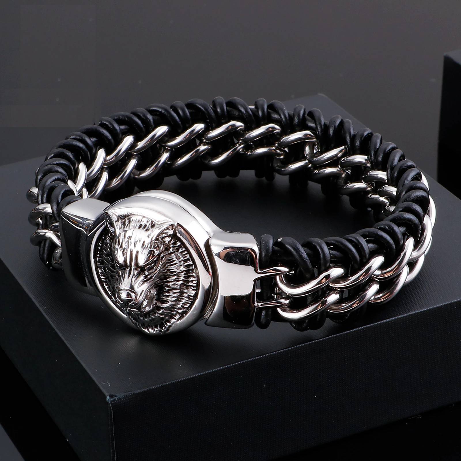 Antique Wolf Head Leather Stainless Steel Bracelet Men's Bracelets