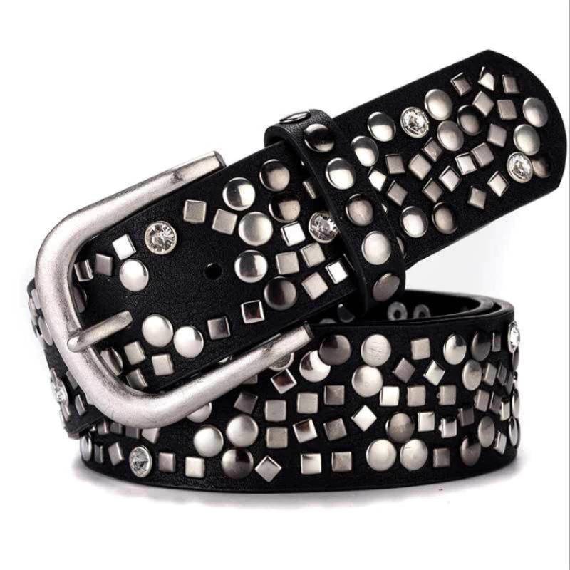 Womens Retro PU Crystal Studded Rivets Belt Belts For Women