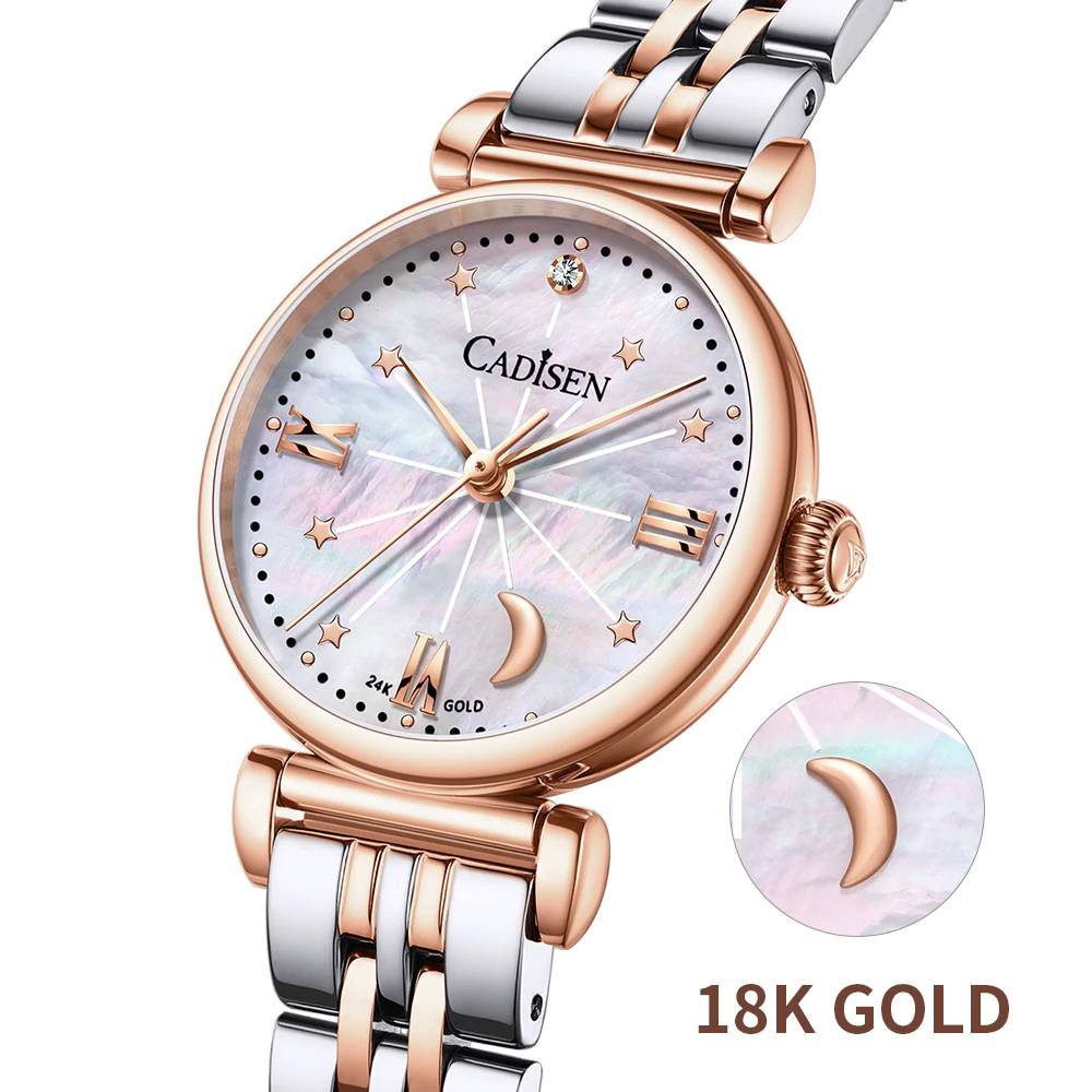 18K GOLD Womens Stainless Steel Bracelet Pearle Dial Watch Cadisen Watches