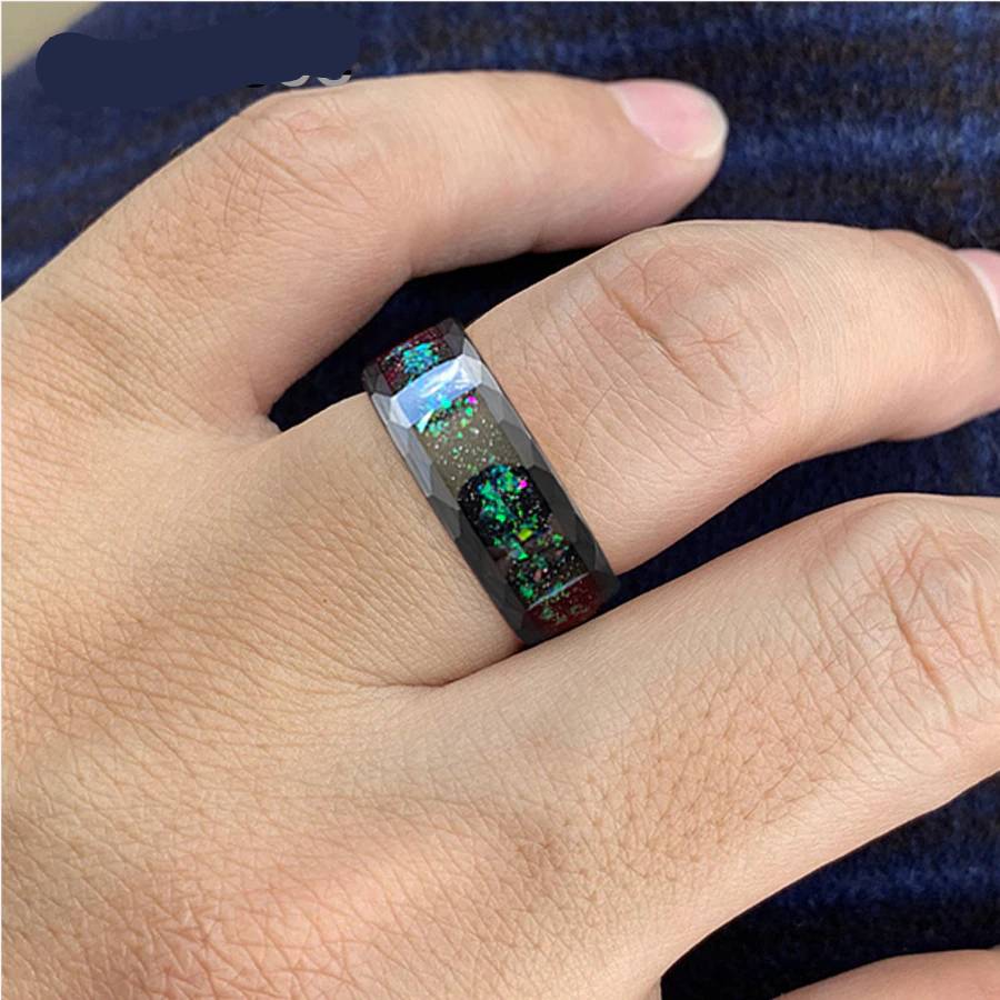 8mm Tungsten Carbide Hammered Rings Galaxy Series Opal Inlay for Lovers Wedding Bands Brushed Facets Available in Black/Silvery Mens Rings
