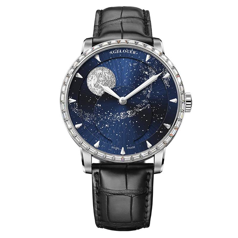 AGELOCER Men Mechanical Wristwatches Moonphase Mens Watches Automatic Watch Blue Clock Genuine Leather Waterproof Watch For Men Watches For Men