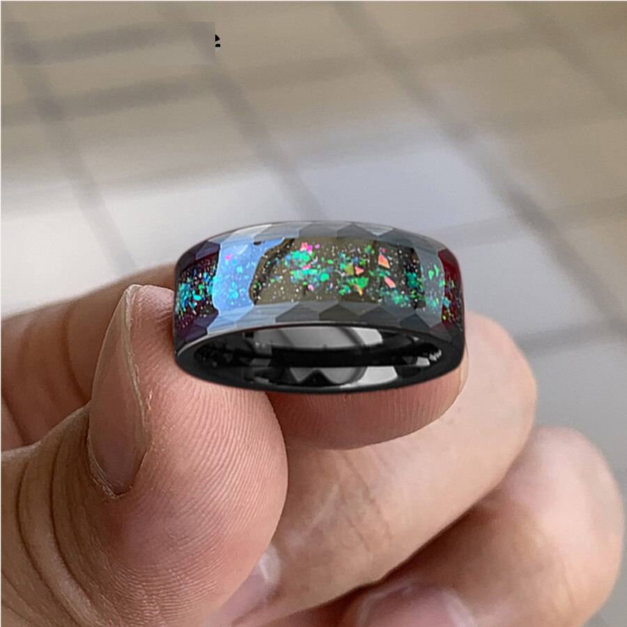 8mm Tungsten Carbide Hammered Rings Galaxy Series Opal Inlay for Lovers Wedding Bands Brushed Facets Available in Black/Silvery Mens Rings