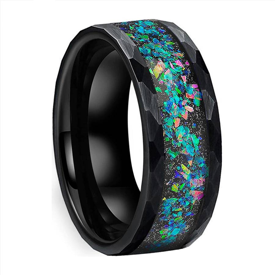 8mm Tungsten Carbide Hammered Rings Galaxy Series Opal Inlay for Lovers Wedding Bands Brushed Facets Available in Black/Silvery Mens Rings