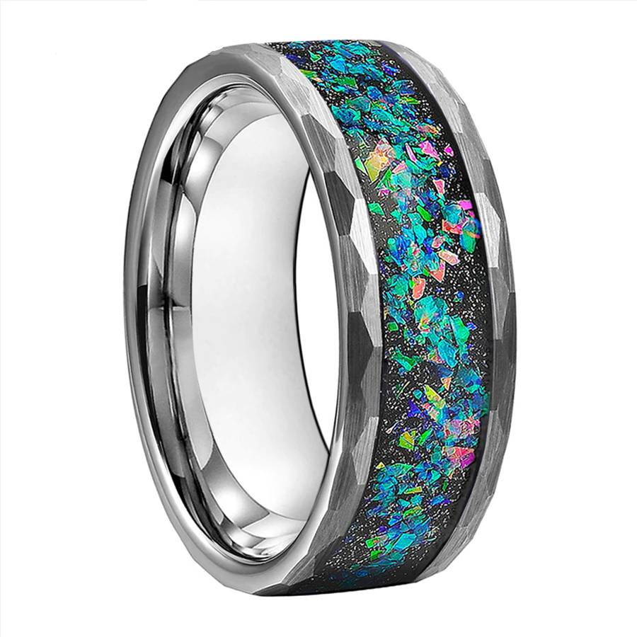 8mm Tungsten Carbide Hammered Rings Galaxy Series Opal Inlay for Lovers Wedding Bands Brushed Facets Available in Black/Silvery Mens Rings