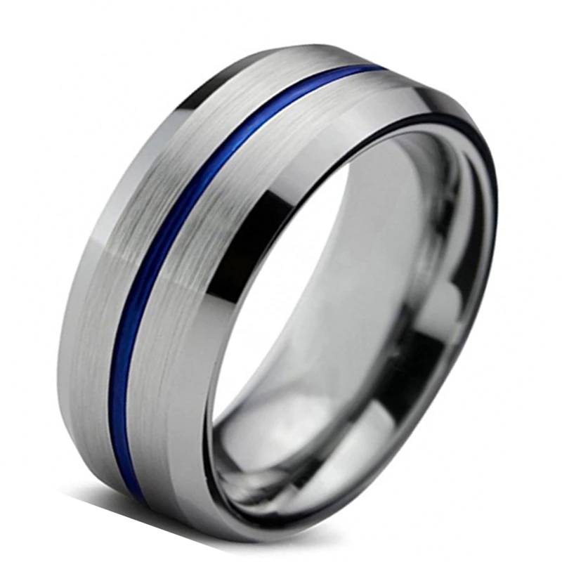 Newshe Tungsten Rings For Men Groove Ring Carbide Blue Line 8mm Mens Wedding Band High Polish Charm Jewelry Size 9-13 Mens Rings