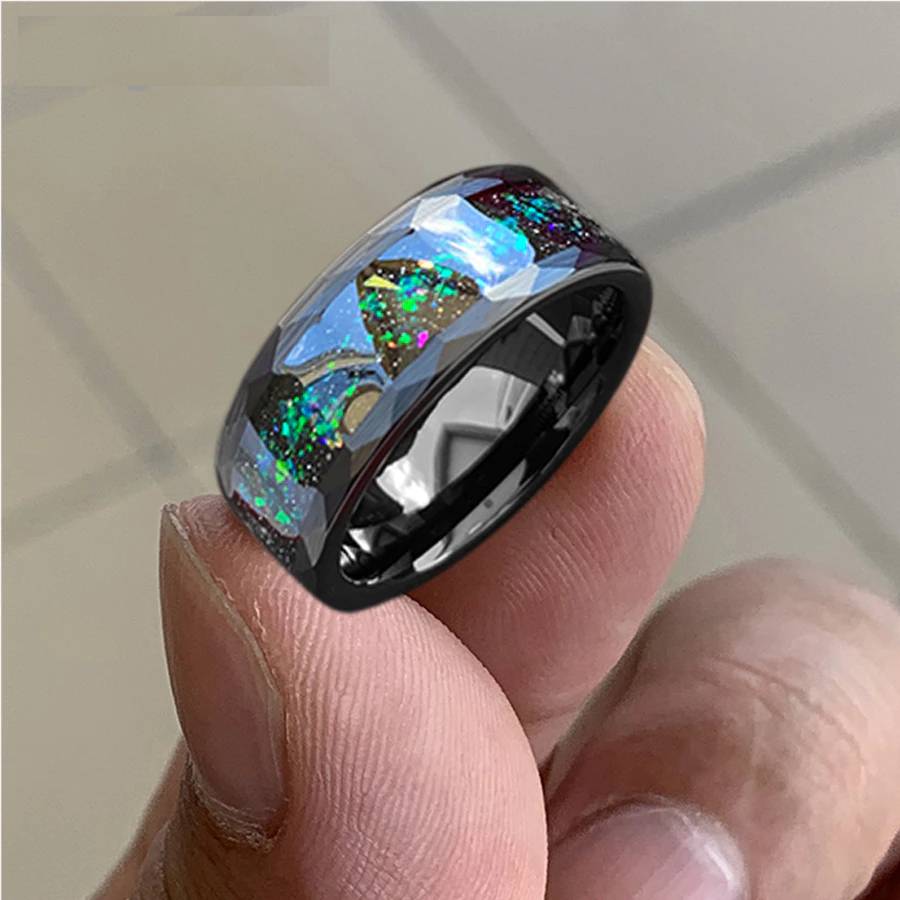8mm Tungsten Carbide Hammered Rings Galaxy Series Opal Inlay for Lovers Wedding Bands Brushed Facets Available in Black/Silvery Mens Rings