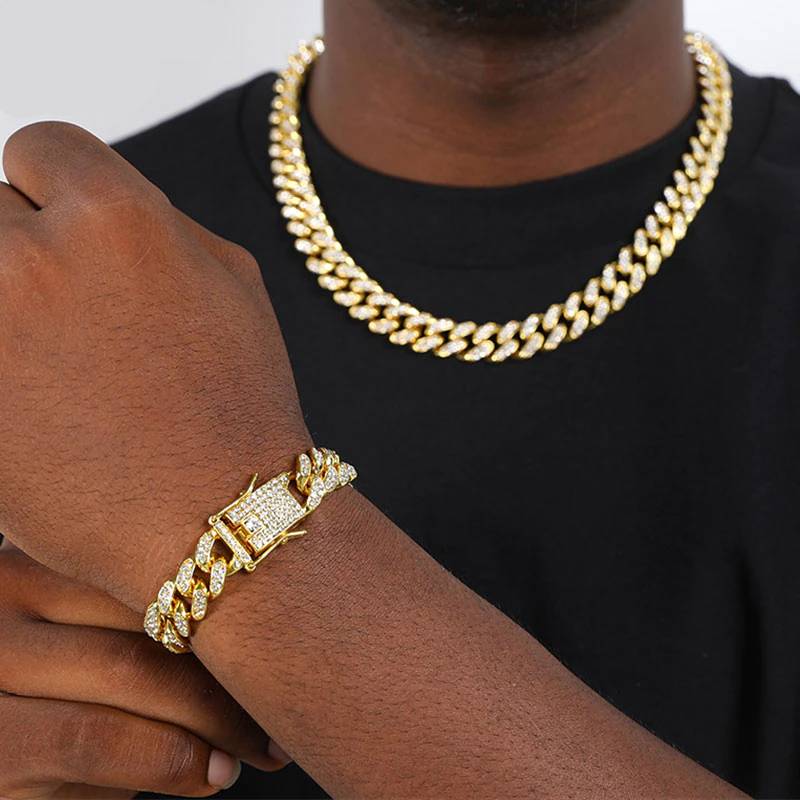 Hip Hop Iced Out Paved Rhinestones 1Set 13MM Miami Curb Cuban Chain CZ Bling Rapper Necklaces With Butterfly For Men Jewelry Men's Bracelets Men's Chains