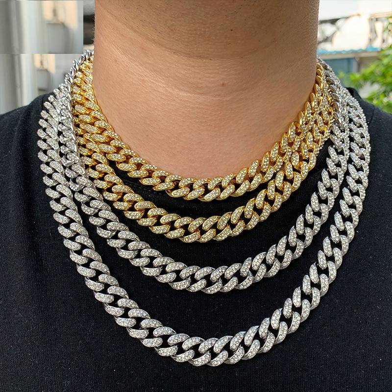Hip Hop Iced Out Paved Rhinestones 1Set 13MM Miami Curb Cuban Chain CZ Bling Rapper Necklaces With Butterfly For Men Jewelry Men's Bracelets Men's Chains
