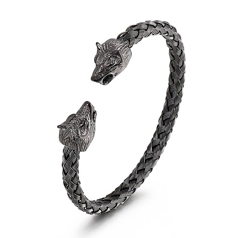 Black Wolf Heads Braided Cable Cuff Bracelet Men's Bracelets