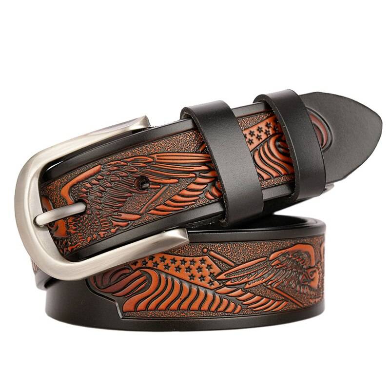 Western Engraved Leather Belt with Single Prong Buckle Mens Belts