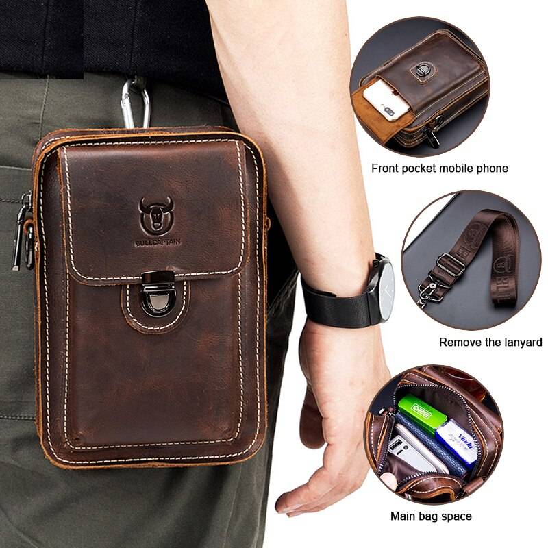 BULLCAPTAIN Men's Belt Bag Leather Belt Phone Bag Head Layer Cowhide Casual Trend Multifunctional Single Shoulder Messenger Bag Chest Waist Bags