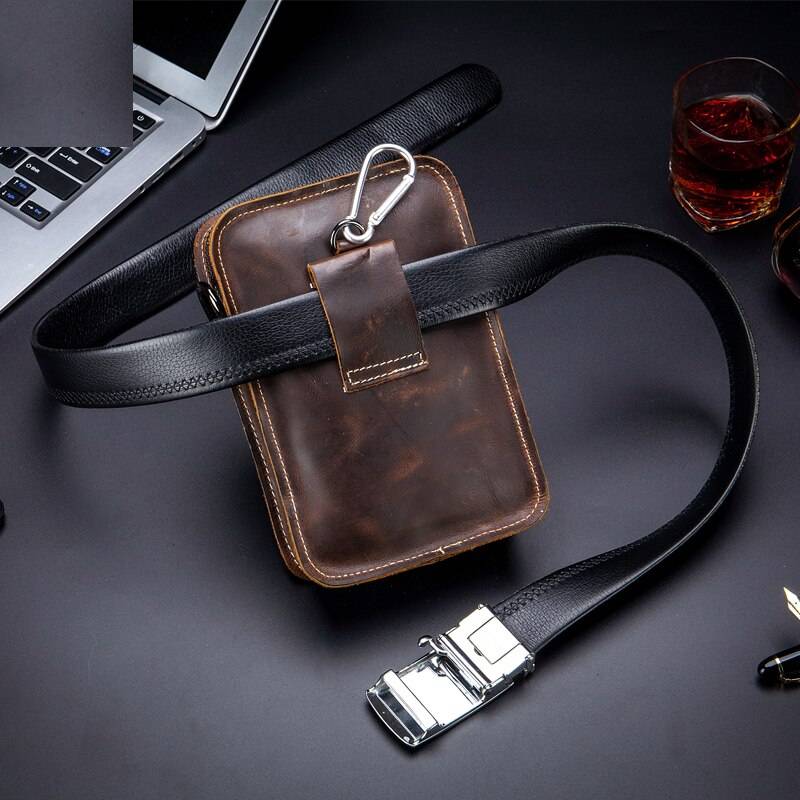 BULLCAPTAIN Men's Belt Bag Leather Belt Phone Bag Head Layer Cowhide Casual Trend Multifunctional Single Shoulder Messenger Bag Chest Waist Bags