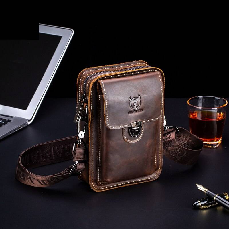 BULLCAPTAIN Men's Belt Bag Leather Belt Phone Bag Head Layer Cowhide Casual Trend Multifunctional Single Shoulder Messenger Bag Chest Waist Bags