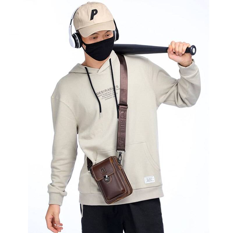 BULLCAPTAIN Men's Belt Bag Leather Belt Phone Bag Head Layer Cowhide Casual Trend Multifunctional Single Shoulder Messenger Bag Chest Waist Bags