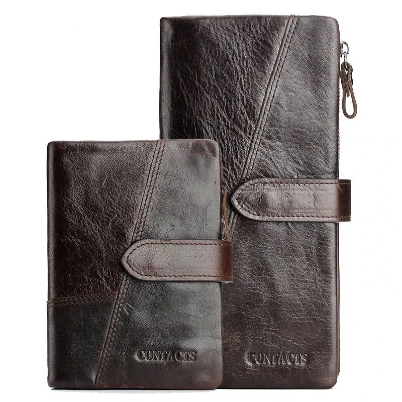 CONTACT'S Genuine Crazy Horse Cowhide Leather Men Wallets Fashion Purse With Card Holder Vintage Long Wallet Clutch Wrist Bag Wallets and Card Holders