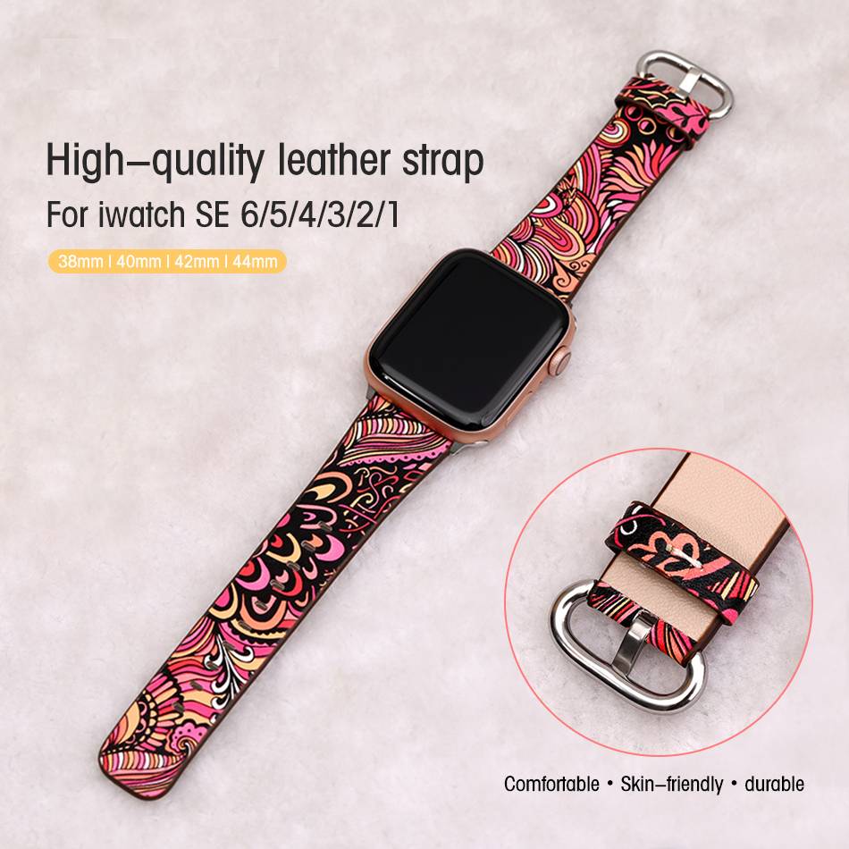 Leather Floral Printed Apple Watch Band 6/SE/5/4/3/2/1 Watch Straps and Bands