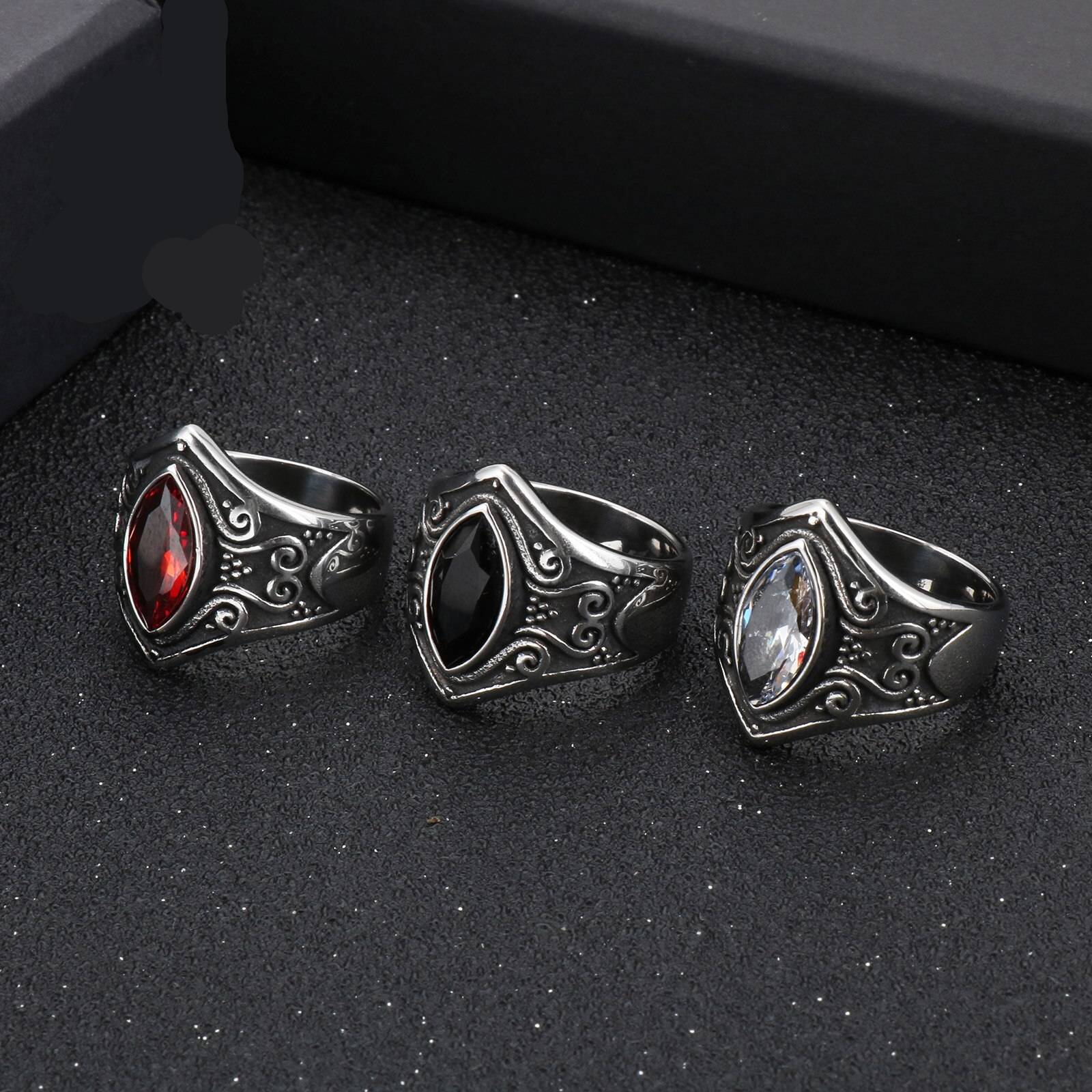 Fongten Vintage Stainless Steel Ring Black Red White Zircon Retro Dainty Male Ring Gothic Style Bff Men Fashion Jewelry Mens Rings