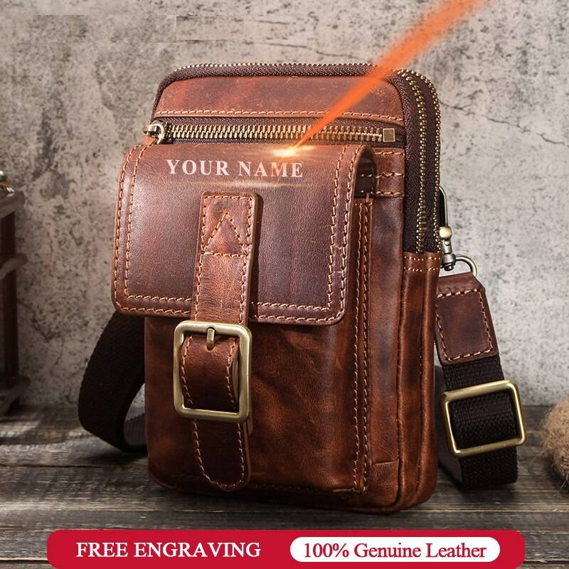 Crazy horse leather Male Phone Pouch Bags Case For iphone 11 Pro Waist Pack Bag Men's Shoulder Belt Bag Chest Waist Bags