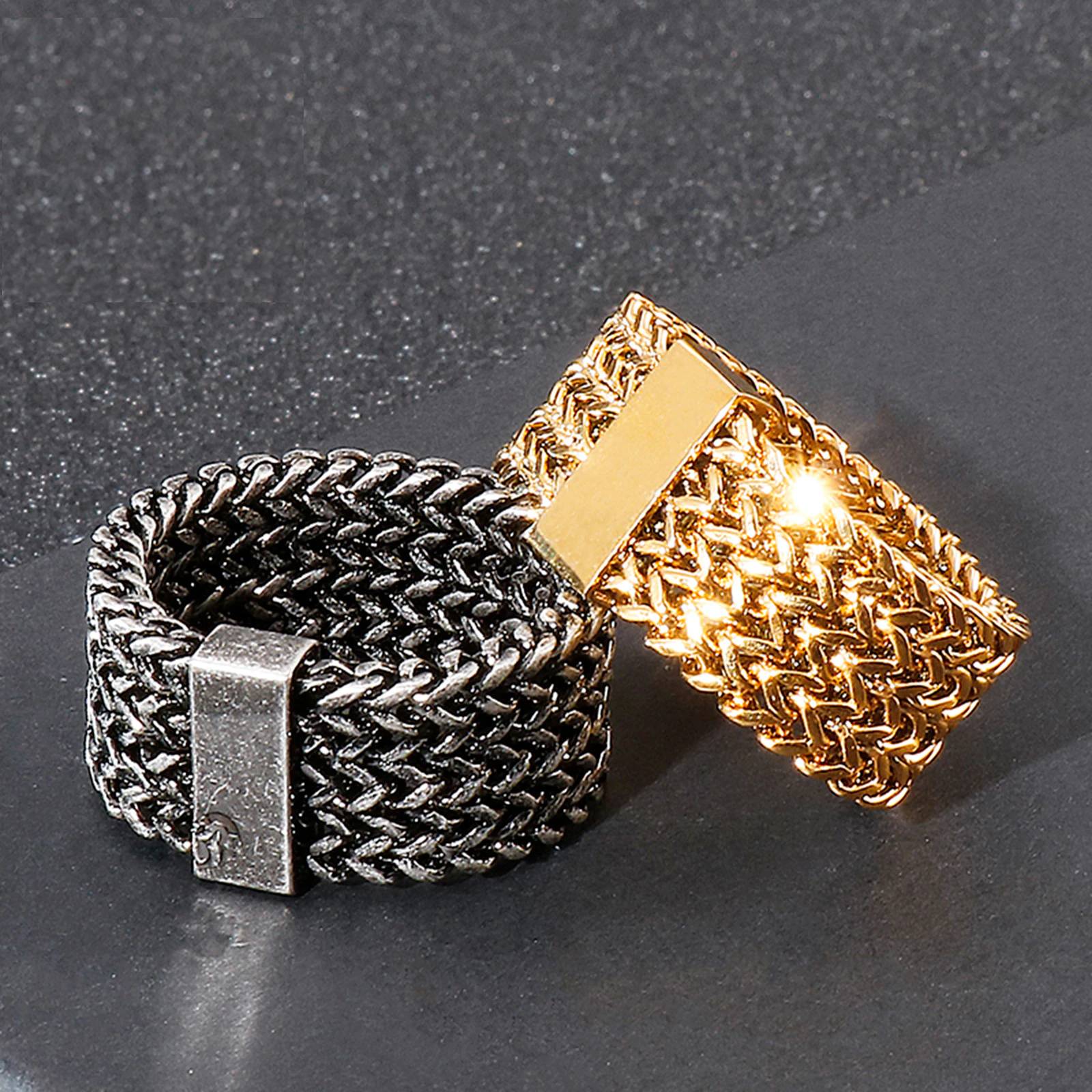 Fongten Hip Hop Rock Band Men Ring Multi-Color Stainless Steel Punk Biker Mesh Chain Charm Trendy Party Finger Rings Jewelry Mens Rings