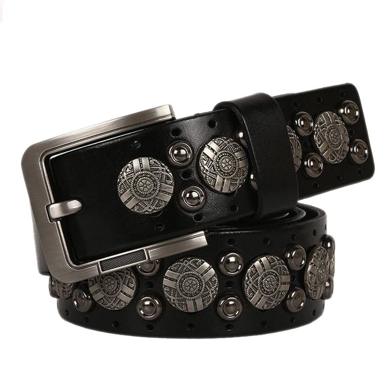 Metal Rivet Cowboy Belt Genuine Leather Cowskin Strap Mens Belts