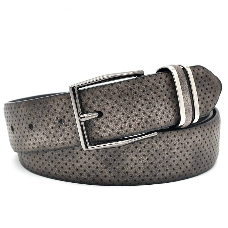 Men& Casual Fashionable Jean Waistband Belt With Gun Metal Buckle Dot Style Split Leather Casual Man Dress Belt Dark Grey Color Mens Belts