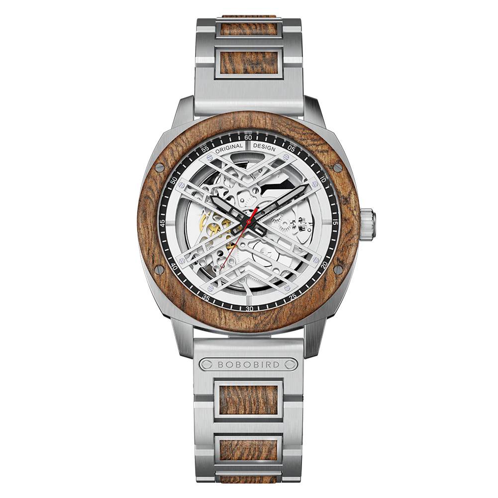 Customized Automatic Skeleton Wooden Watch Bobo Bird