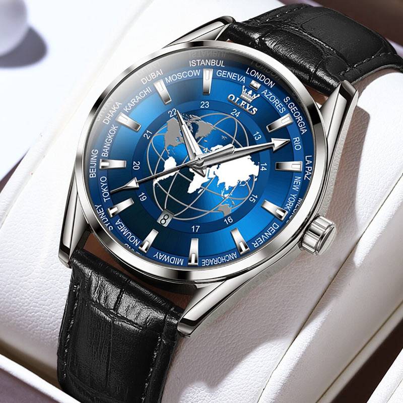 OLEVS Quartz Globe World Map Watch Leather Strap Olevs Watches