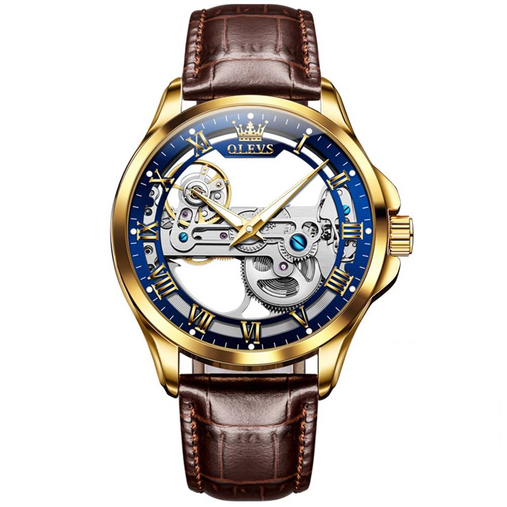 OLEVS Men's Watches Automatic Mechanical Watches Waterproof Leather Strap Top Luxury Men Wristwatch Luminous Gift Box Watch Men Olevs Watches