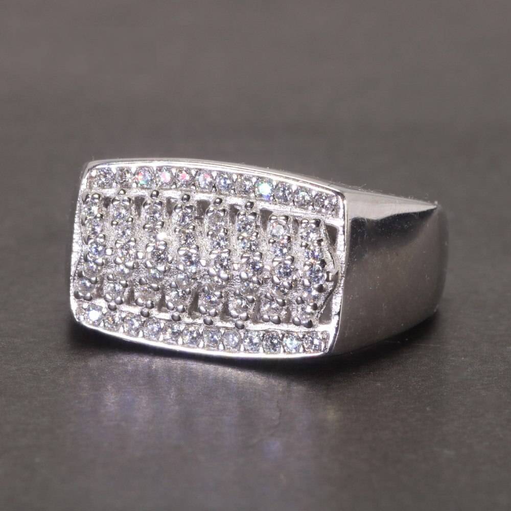 Sterling Silver Men's High Polish Micro Pave Wedding Band Mens Rings