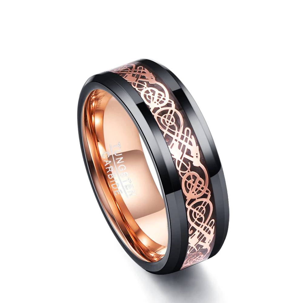 Nuncad New Hot 8MM Wide Valentine's Day Men's Rings Size 5-15 Rose Gold Dragon Pattern Tungsten Steel Ring T050R Jewelry Gift Mens Rings