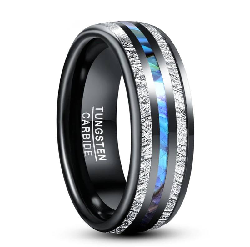 Meteorite Abalone Shell Dome Tungsten Ring Mens Rings