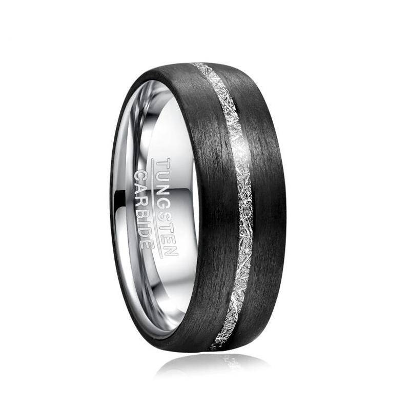 Inlaid Carbon Fiber Black Meteorite Tungsten Ring Mens Rings