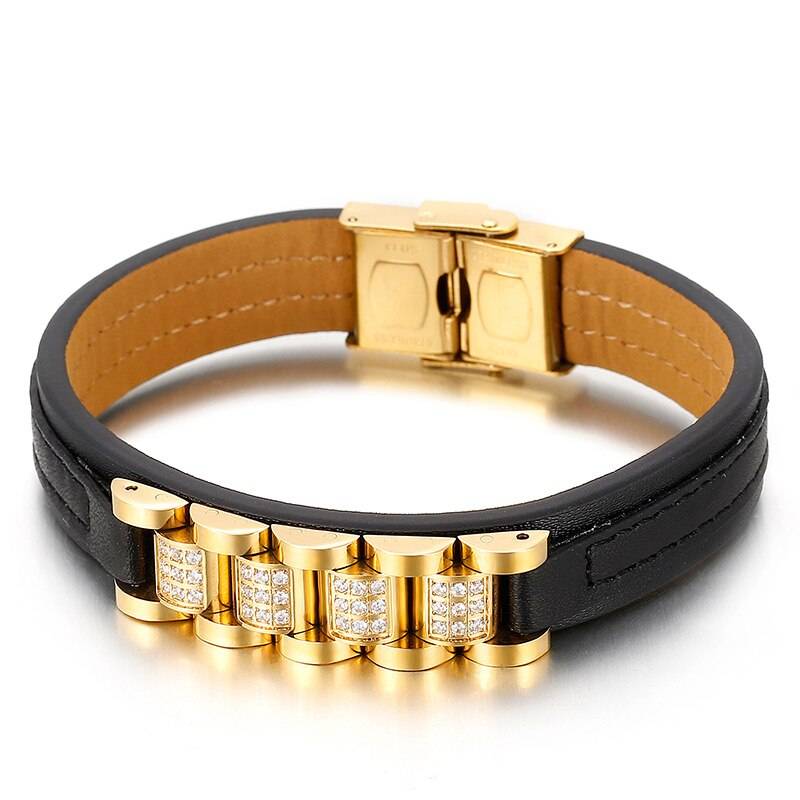 Kalen Bicycle Chain Leather Men's Punk Style Bracelet Zircon Decoration Jewelry Charm Men's Bracelets