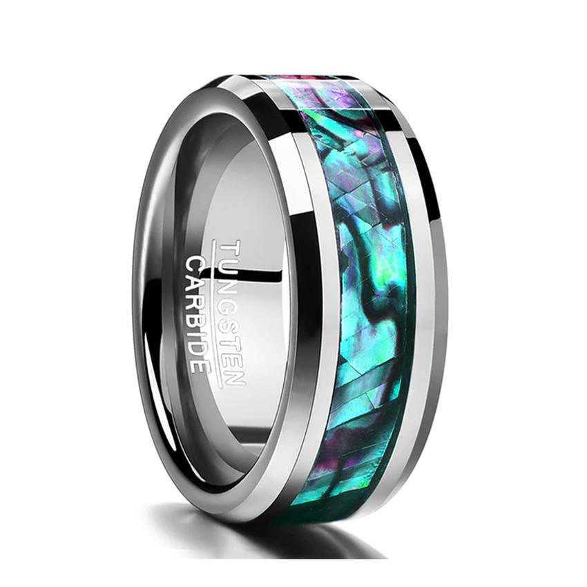Inlaid Abalone Shell Beveled Tungsten Ring Mens Rings Women's Rings