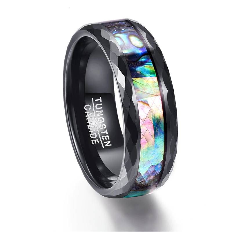 8mm Abalone Shell Black Faceted Tungsten Mens Ring Mens Rings