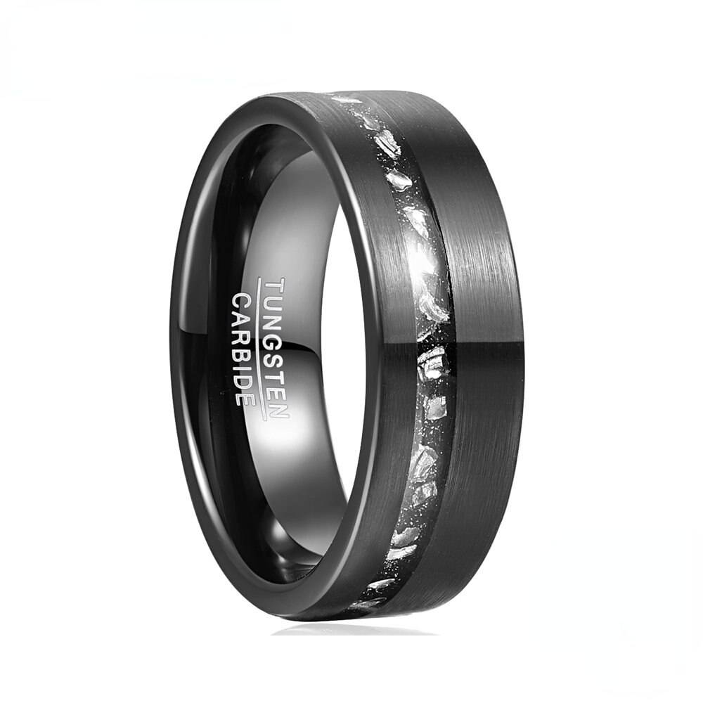 Black Gibeon Meteorite Inlay Tungsten Ring Mens Rings