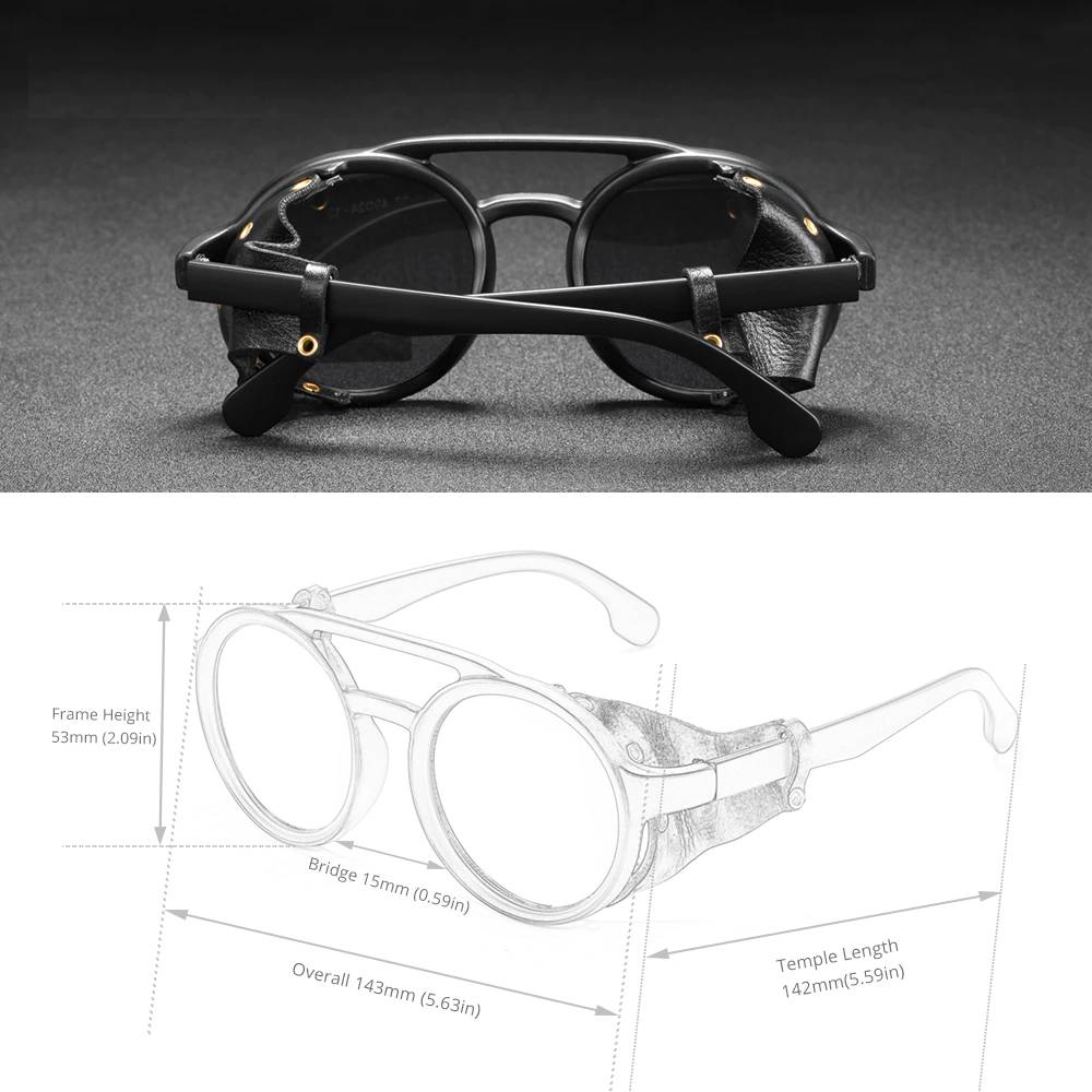 KDEAM Vintage Round Sunglasses Men Women Leather Shield Sun Glasses Twin Bridge Designed Shade KD179 Unisex Sunglasses