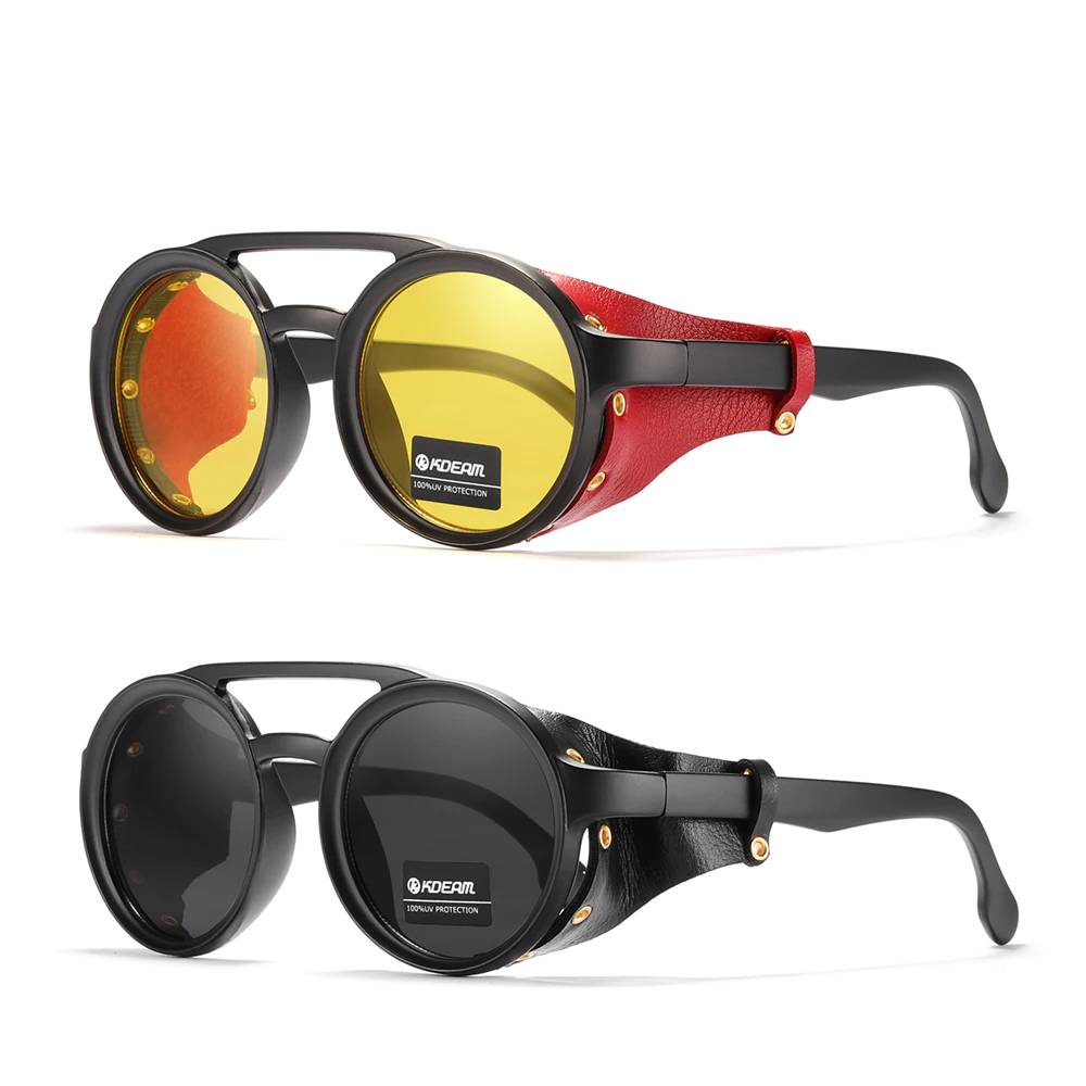 KDEAM Vintage Round Sunglasses Men Women Leather Shield Sun Glasses Twin Bridge Designed Shade KD179 Unisex Sunglasses