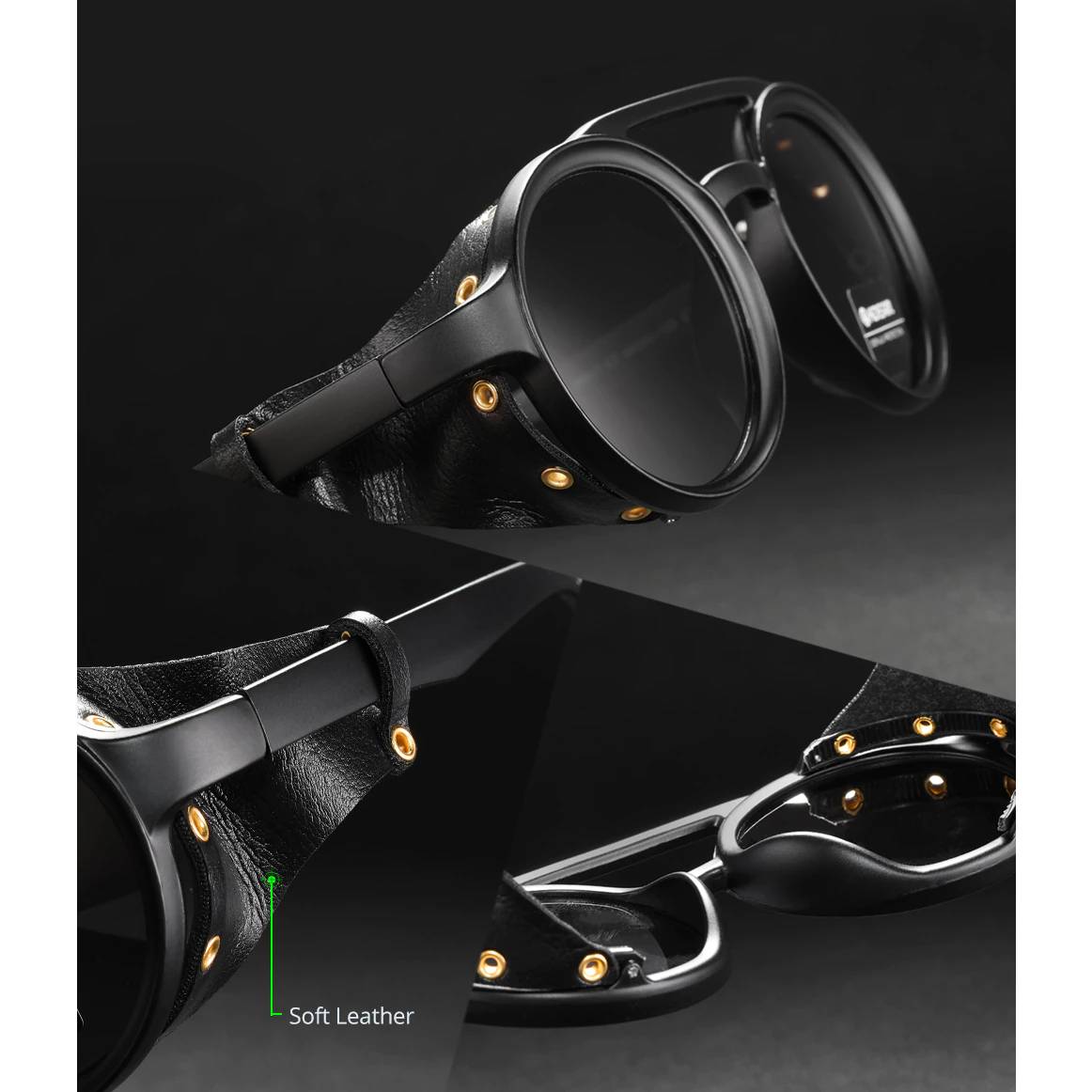 KDEAM Vintage Round Sunglasses Men Women Leather Shield Sun Glasses Twin Bridge Designed Shade KD179 Unisex Sunglasses
